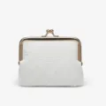 White leather kiss-lock coin purse, vintage clasp wallet with retro floral debossed pattern. - White