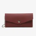 Burgundy PU leather long envelope wallet with snap button and keychain for daily use. - Red (Plain)