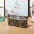 Vintage embossed floral pattern women clutch wallet with wrist strap, black multi-color. - Zipper Style / Silver