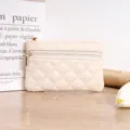 Beige quilted PU leather coin purse compact zipper wallet for women portable card case - White