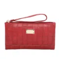 Red crocodile pattern women long clutch wallet with wrist strap and metal plaque decoration. - Red