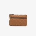 Brown quilted PU leather coin purse with double zippers, compact card holder for women. - Tan