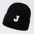Black knit beanie hat with letter J patch, warm and stylish streetwear for men and women. - Adjustable / Letter J