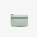 Light green PU leather quilted coin purse with dual zippers, compact wallet and card holder. - Light Green