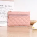 Pink quilted PU leather coin purse with double zippers, compact card holder and key pouch. - Pink