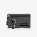 Grey oxford cloth coin purse with zipper, keyring and carabiner, portable card wallet. - Grey (Black Text Logo)