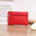 Red quilted PU leather coin purse mini wallet with zipper for women cards and keys. - Red