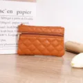 Brown quilted PU leather coin purse with double zipper, compact card and key organizer bag. - Tan