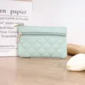 Light green quilted PU coin purse with zipper closure, compact key and card storage pouch. - Light Green