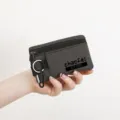 Portable oxford cloth coin purse with keychain, ideal for cards and change daily use. - Grey (Black Text Logo)