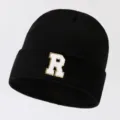 Black knitted beanie hat with white letter R patch warm winter casual street style men women - Adjustable / Letter R