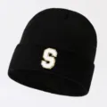 Black knit beanie hat for women and men warm winter cap with white letter S patch stylish - Adjustable / Letter S