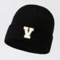 Black knitted beanie hat for men and women, featuring a stylish white letter V patch on front cuff. - Adjustable / Letter V