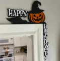 Halloween wooden door frame decor with pumpkin, witch hat and Happy Halloween text - Text Witch Hat Pumpkin Style (3) / 1 Piece
