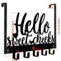 Black metal over door hook rack with Hello Sweet Cheeks script design and 5 storage hooks - Genius Club Black