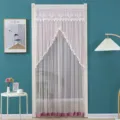 Pink lace door curtain detail, mosquito net fabric with pom poms, bedroom privacy decor. - 100 x 200 cm with Hook & Loop Fastener / Continuous Fortune Pink