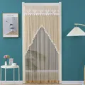 Close-up detail of sheer door curtain with elegant lace embroidery and pompom trim fringe. - 100 x 200 cm with Hook & Loop Fastener / Fortune Coffee