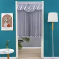 Close-up of elegant grey lace door curtain with delicate floral embroidery and hanging beads. - 90*120cm / Double Layer Opaque / Gray