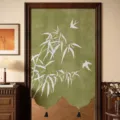 Nieuw Chinese gedeelde deur gordijn met bamboe en vogel print, olijfgroene ruimteverdeler. - 70*120 met telescopische stang / Bamboerijm - Gevormd deurgordijn met zwarte visbekkwastjes