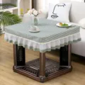 Green plaid square table cover with white ruffled hem, flannel fabric for home heating table. - 70*70 cm Table Cover / Houndstooth Green Lid
