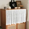 White sheer short curtain for cabinet dustproof gauze curtain with leaf pattern and tassels - Width 100 Height 30 Velcro Style / White Leaf Velvet Yarn with White Pom-Pom Edging