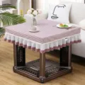Square plaid table cover for heating table with white and pink ruffle trim details. - 70*70 cm Table Cover / Houndstooth Pink Lid
