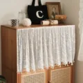 White lace cabinet curtain dustproof short curtain with tassels for bookcase shoe cabinet. - Width 100 Height 30 Velcro Style / Beige Leaf Velvet Yarn with Tassel Edging