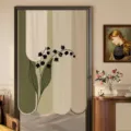 Kreativer Türvorhang Grün Floral Muster Ohne Bohren Raumteiler Vorhang für Heimdekoration - 70x120cm mit Stange / Tinte Maiglöckchen