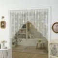 French vintage white lace door curtain with floral embroidery and bead fringe for room partition. - Fresh White