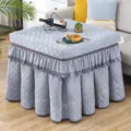 Thick plush square table cover for heater table with elegant ruffled skirt and quilted fabric. - Chenille Embroidered Grey