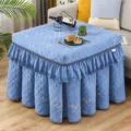 Thickened quilted square heating table cover with elegant ruffles, winter home decor tablecloth. - Blue Embroidered Chenille