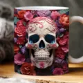Exquisite 3D Zuckerschädel-Keramiktasse mit buntem Blumenmuster als Halloween-Geschenk - Dunkelblau Gold Floraler Totenkopf (A3) / 301-400ml
