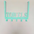 Mint green iron over-the-door rack with TOWELS cutout and 5 storage hooks - 34x26cm / TOWELS Blue
