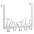 Durable white over-the-door metal towel rack with five hooks and TOWELS cutout design - 34x27cm / Style B White