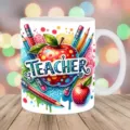 Farbenfrohe Keramiktasse für Lehrer mit buntem Apfel- und Bleistift-Design als Geschenk - Bleistift Apfel Illustration Stil (P 13) / 301-400ml