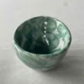 Handmade pottery herb stripper bowl with teal marble glaze for kitchen - Blue Flowers