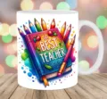 Lehrergeschenk Keramik-Kaffeetasse mit buntem Buch- und Stiftdesign - Bester Lehrer Bücher Stil (P 15) / 301-400ml