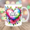 Weiße Keramiktasse mit floralem Herz und dem Text 'The best Teacher' als Geschenk - Aquarell Herz Blumen Stil (P 16) / 301-400ml
