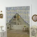 French vintage lace door curtain detail, blue floral embroidery and hanging beads design. - Note: Telescopic Rod 70-120 cm / Alluring Blue