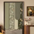 Unregelmäßiger Türvorhang, floral bedruckter Raumteiler, dekorativer Sichtschutzvorhang. - 70x120cm mit Stange / Grüne Blumen