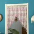 Korean style lace short curtain featuring pink floral embroidery and beads for home decor detail. - Elegant Pink, 2 Pieces / Includes 60-110 cm Tension Rod