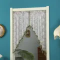 Detailed view of the Korean style lace door curtain with delicate floral embroidery and beads. - Floral Bloom, 2 Pieces / Includes 60-110 cm Tension Rod