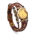 Vintage leather bracelet watch with multi-layer braided strap and metal rivets - Brown