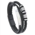Stilvolles mehrlagiges geflochtenes Lederarmband für Herren mit silberner Metallplatte - Schwarz