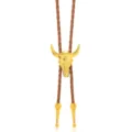 Vintage Western cowboy bolo tie with golden bull skull pendant and brown braided cord - Bull Head Decoration