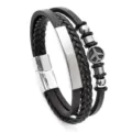 Mehrlagiges schwarzes Lederarmband für Herren mit Silberplatte und Magnetverschluss. - Schwarz