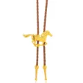 Vintage western cowboy bolo tie with golden running horse metal pendant and braided cord. - Horse