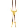Vintage Western cowboy bolo tie with golden bull skull pendant and brown braided cord - Goat Head
