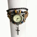 Retro punk style leather wrap bracelet watch featuring cross pendant and Roman dial - Style B Snap Button Adjustment