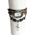 Retro punk style brown leather bracelet watch with a silver cross pendant and beads. - Style A Drawstring Adjustment